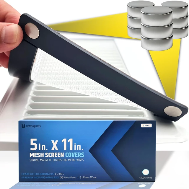Main image of Powerful Magnetic Vent Screen Mesh Covers (3-Pack - New & Improved) - Will Never Move/Fall - for Floor, Wall & Ceiling Registers of Width 5" to 6", Length 11" to 12" - Strong Neodymium Magnets | White