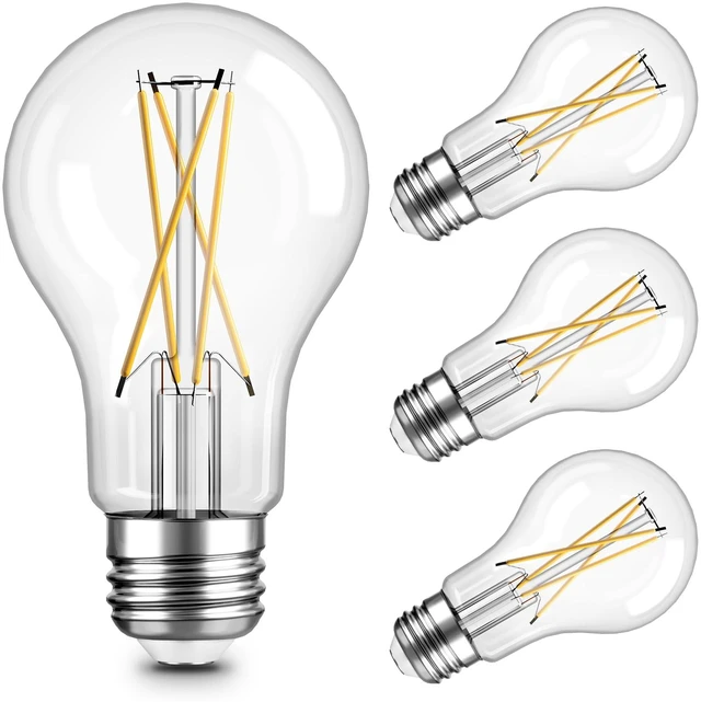 Main image of A19 Vintage Dimmable LED Light Bulbs, E26 Base 60W Equivalent, 4 Pack 2700K Warm White, 8W, 800 Lumens High Brightness, CRI 80+, Clear Glass Edison Filament, for Home, Farmhouse
