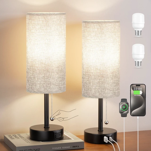 Main image of Grey Bedside Lamp for Bedroom Nightstand - Small Table Lamp Set of 2 USB A+C Ports, 3 Color Temperatures, LED Bulb Included, Grey Fabric Shade, Black Base, 14" Tall Pull Chain Desk Lamp, 2-Pack