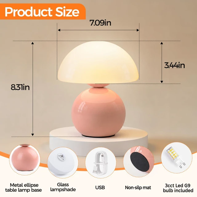 Alt view image 2 of 7 - Mushroom Lamp Table Lamp for Bedroom, Portables Cordless Table Lamp,Wireless lamp,Small Bedside Table Touch Lamps for Living Room,Mini Mushroom 5200mAh Battery Operated Lamp Modern Pink