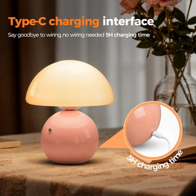 Alt view image 4 of 7 - Mushroom Lamp Table Lamp for Bedroom, Portables Cordless Table Lamp,Wireless lamp,Small Bedside Table Touch Lamps for Living Room,Mini Mushroom 5200mAh Battery Operated Lamp Modern Pink