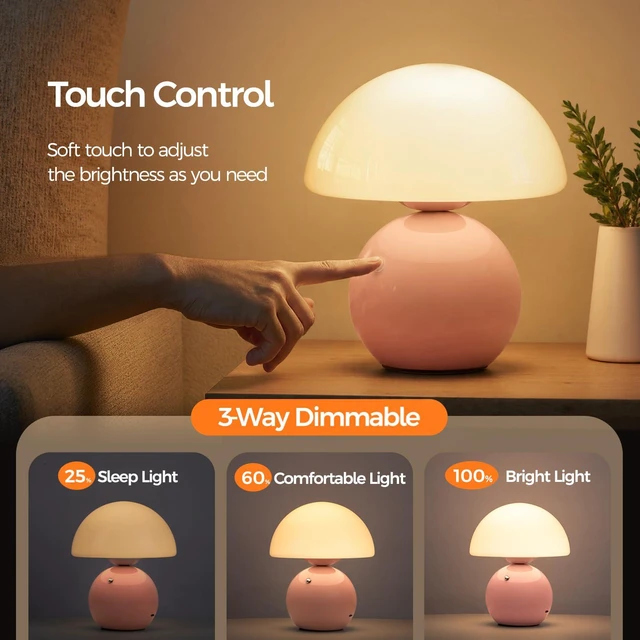 Alt view image 3 of 7 - Mushroom Lamp Table Lamp for Bedroom, Portables Cordless Table Lamp,Wireless lamp,Small Bedside Table Touch Lamps for Living Room,Mini Mushroom 5200mAh Battery Operated Lamp Modern Pink