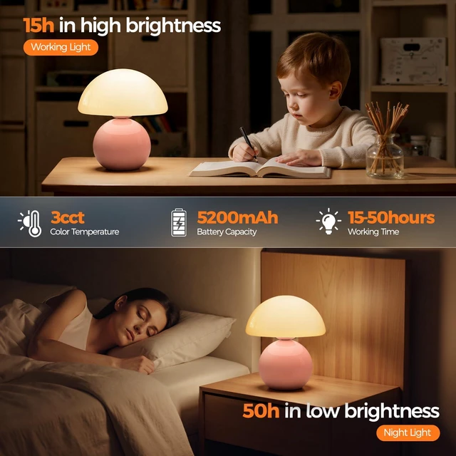 Alt view image 5 of 7 - Mushroom Lamp Table Lamp for Bedroom, Portables Cordless Table Lamp,Wireless lamp,Small Bedside Table Touch Lamps for Living Room,Mini Mushroom 5200mAh Battery Operated Lamp Modern Pink