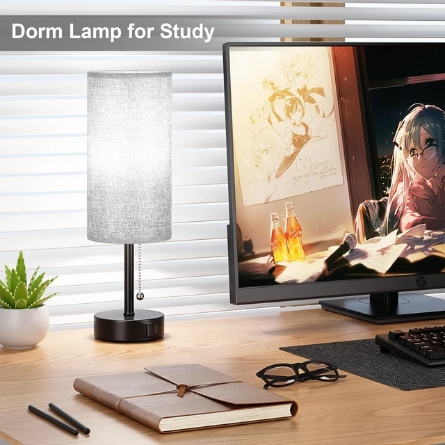 Alt view image 5 of 7 - Grey Bedside Lamp for Bedroom Nightstand - Small Table Lamp Set of 2 USB A+C Ports, 3 Color Temperatures, LED Bulb Included, Grey Fabric Shade, Black Base, 14" Tall Pull Chain Desk Lamp, 2-Pack