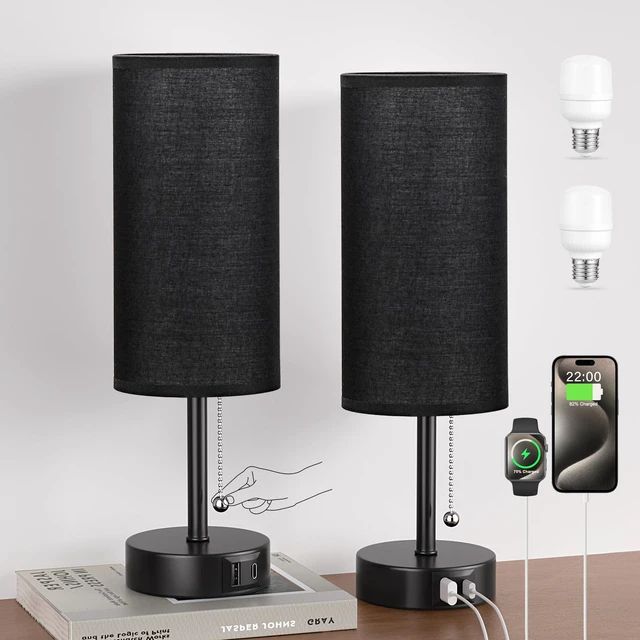 Main image of Black Bedside Lamp for Bedroom Nightstand - Small Table Lamp Set of 2 USB A+C Ports, 3 Color Temperatures, LED Bulb Included, Black Fabric Shade, Black Base, 14" Tall Desk Lamp, Modern Pull Chain