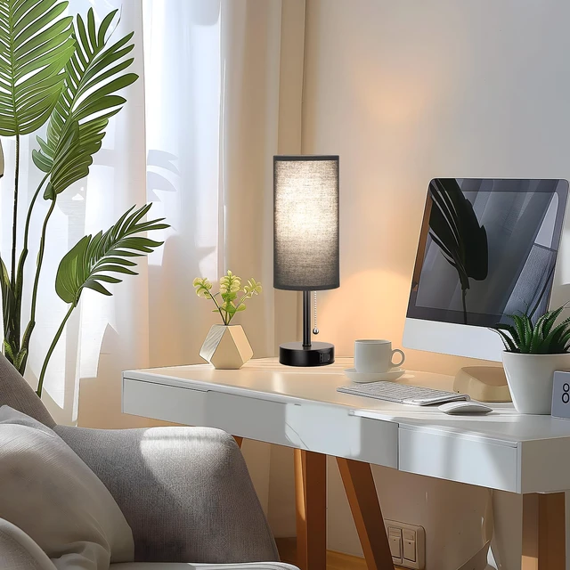 Alt view image 2 of 7 - Black Bedside Lamp for Bedroom Nightstand - Small Table Lamp Set of 2 USB A+C Ports, 3 Color Temperatures, LED Bulb Included, Black Fabric Shade, Black Base, 14" Tall Desk Lamp, Modern Pull Chain