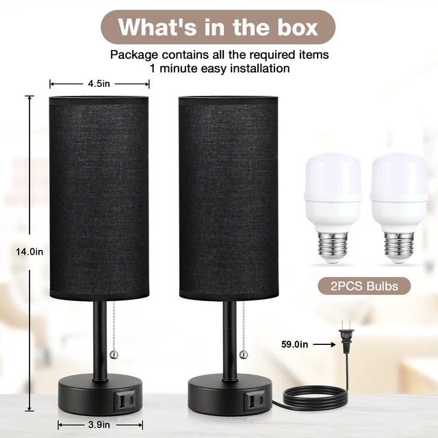 Alt view image 5 of 7 - Black Bedside Lamp for Bedroom Nightstand - Small Table Lamp Set of 2 USB A+C Ports, 3 Color Temperatures, LED Bulb Included, Black Fabric Shade, Black Base, 14" Tall Desk Lamp, Modern Pull Chain
