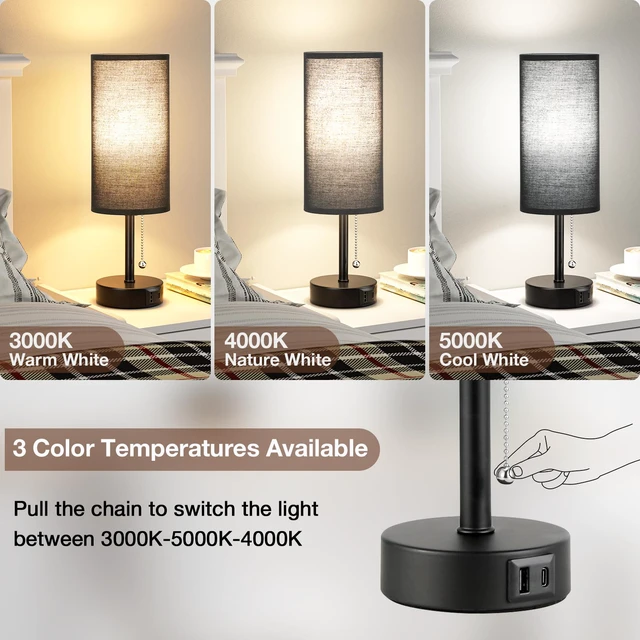 Alt view image 4 of 7 - Black Bedside Lamp for Bedroom Nightstand - Small Table Lamp Set of 2 USB A+C Ports, 3 Color Temperatures, LED Bulb Included, Black Fabric Shade, Black Base, 14" Tall Desk Lamp, Modern Pull Chain