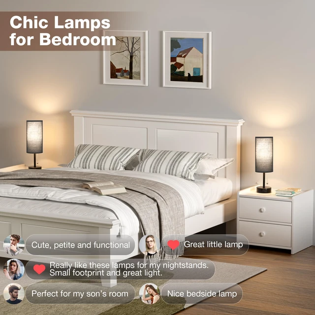 Alt view image 3 of 7 - Black Bedside Lamp for Bedroom Nightstand - Small Table Lamp Set of 2 USB A+C Ports, 3 Color Temperatures, LED Bulb Included, Black Fabric Shade, Black Base, 14" Tall Desk Lamp, Modern Pull Chain