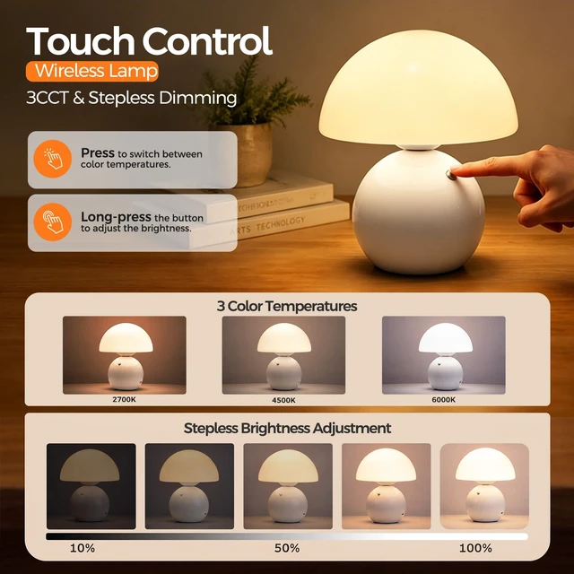 Alt view image 2 of 7 - Wireless Mushroom Lamp,3CCT Table Lamp for Bedroom, Portables Cordless Lamps,Wireless lamp,Small Bedside Table Touch Lamps for Living Room,Mushroom 5200mAh Battery Operated Lamp Modern (White)
