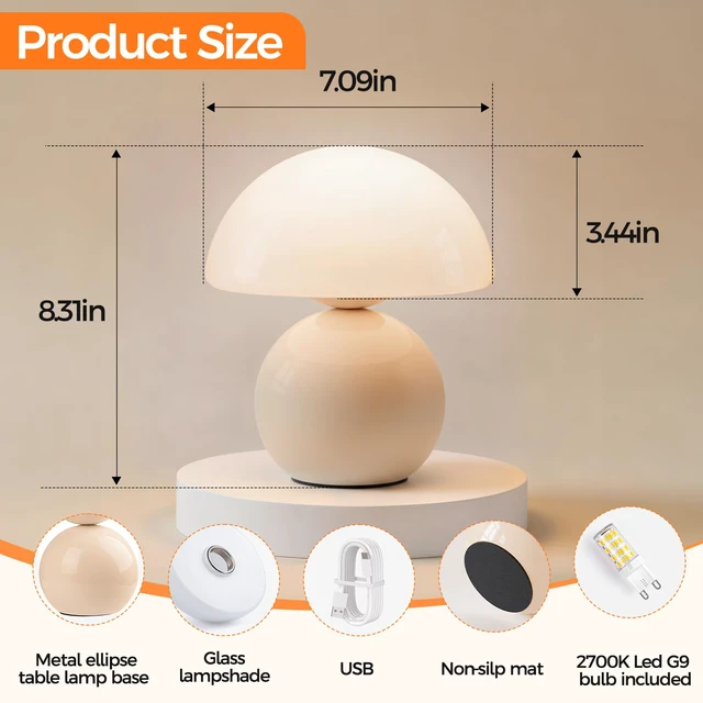 Alt view image 2 of 7 - Mushroom Lamp Table Lamp for Bedroom, Portables Cordless Table Lamp,Wireless lamp,Small Bedside Table Touch Lamps for Living Room,Mini Mushroom 5200mAh Battery Operated Lamp Modern Cream