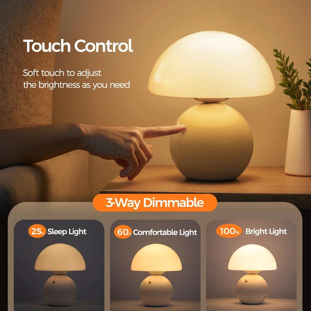 Alt view image 3 of 7 - Mushroom Lamp Table Lamp for Bedroom, Portables Cordless Table Lamp,Wireless lamp,Small Bedside Table Touch Lamps for Living Room,Mini Mushroom 5200mAh Battery Operated Lamp Modern Cream
