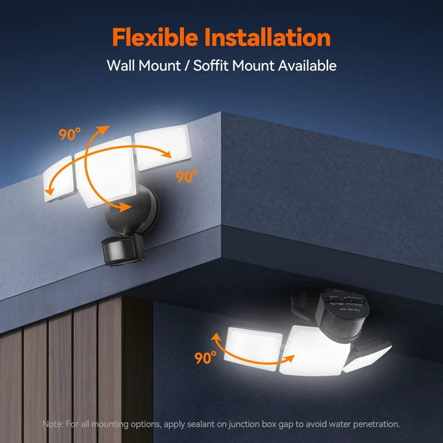 Alt view image 6 of 7 - 85W 10000LM Motion Sensor Outdoor Lights, 4-Head Super Bright LED Security Light, 5000K Daylight, IP65 Waterproof Hardwired Motion Detector Flood Lights Outdoor for Garage, Yard (Black)