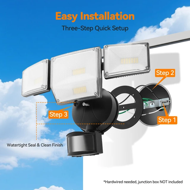 Alt view image 7 of 7 - 85W 10000LM Motion Sensor Outdoor Lights, 4-Head Super Bright LED Security Light, 5000K Daylight, IP65 Waterproof Hardwired Motion Detector Flood Lights Outdoor for Garage, Yard (Black)