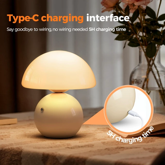 Alt view image 4 of 7 - Mushroom Lamp Table Lamp for Bedroom, Portables Cordless Table Lamp,Wireless lamp,Small Bedside Table Touch Lamps for Living Room,Mini Mushroom 5200mAh Battery Operated Lamp Modern Cream