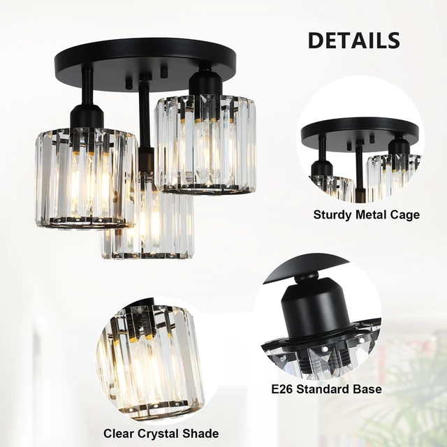Alt view image 2 of 7 - Crystal Semi Flush Mount Ceiling Light,3-Light Modern Close to Ceiling Light Fixtures,Black Kitchen Light Fixtures with Clear Crystal Shade,Hallway Light Fixtures for Hallway Bedroom Bathroom
