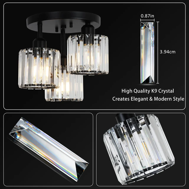 Alt view image 3 of 7 - Crystal Semi Flush Mount Ceiling Light,3-Light Modern Close to Ceiling Light Fixtures,Black Kitchen Light Fixtures with Clear Crystal Shade,Hallway Light Fixtures for Hallway Bedroom Bathroom