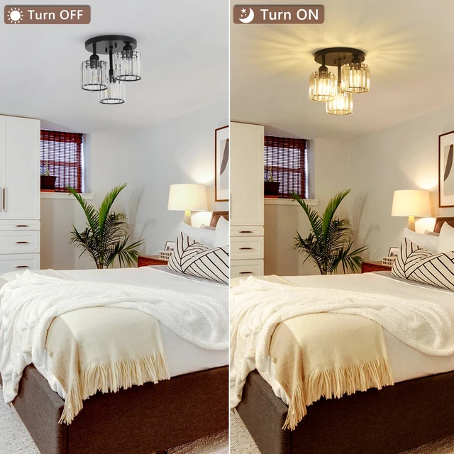 Alt view image 4 of 7 - Crystal Semi Flush Mount Ceiling Light,3-Light Modern Close to Ceiling Light Fixtures,Black Kitchen Light Fixtures with Clear Crystal Shade,Hallway Light Fixtures for Hallway Bedroom Bathroom