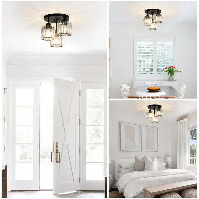 Alt view image 5 of 7 - Crystal Semi Flush Mount Ceiling Light,3-Light Modern Close to Ceiling Light Fixtures,Black Kitchen Light Fixtures with Clear Crystal Shade,Hallway Light Fixtures for Hallway Bedroom Bathroom