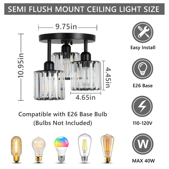 Alt view image 6 of 7 - Crystal Semi Flush Mount Ceiling Light,3-Light Modern Close to Ceiling Light Fixtures,Black Kitchen Light Fixtures with Clear Crystal Shade,Hallway Light Fixtures for Hallway Bedroom Bathroom