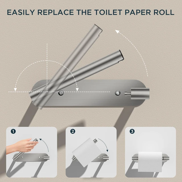 Alt view image 2 of 7 - Commercial Toilet Paper Holder Wall Mount Bathroom Tissue Holder Brushed Nickel | Adhesive or Screw | SUS304 Stainless Steel Rustproof | Pivoting Tissue Roll Holder | Round Base