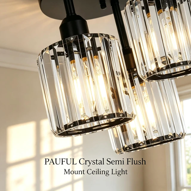 Alt view image 7 of 7 - Crystal Semi Flush Mount Ceiling Light,3-Light Modern Close to Ceiling Light Fixtures,Black Kitchen Light Fixtures with Clear Crystal Shade,Hallway Light Fixtures for Hallway Bedroom Bathroom