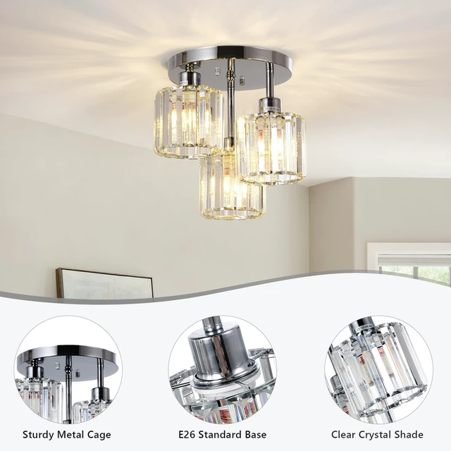 Alt view image 6 of 7 - Semi Flush Mount Ceiling Light,3-Light Modern Close to Ceiling Light Fixtures,Kitchen Light with Clear Crystal Shades, Hallway Light Fixtures for Kitchen Entryway Bedroom Bathroom Foyer