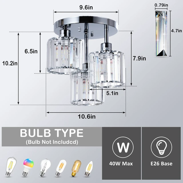 Alt view image 3 of 7 - Semi Flush Mount Ceiling Light,3-Light Modern Close to Ceiling Light Fixtures,Kitchen Light with Clear Crystal Shades, Hallway Light Fixtures for Kitchen Entryway Bedroom Bathroom Foyer