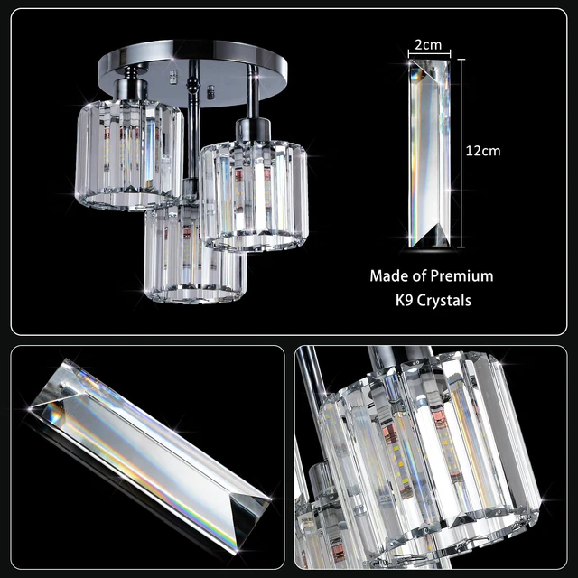 Alt view image 5 of 7 - Semi Flush Mount Ceiling Light,3-Light Modern Close to Ceiling Light Fixtures,Kitchen Light with Clear Crystal Shades, Hallway Light Fixtures for Kitchen Entryway Bedroom Bathroom Foyer