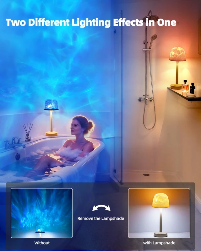 Alt view image 3 of 6 - Waterproof Shower Lamp, Ocean Wave Projector Rechargeable Bathroom Night Light for Home Spa 2-in-1 Cordless Table Lamp, 16 Colors Remote Touch Control Relaxing Gifts Women & Kids