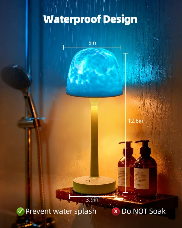 Alt view image 6 of 6 - Waterproof Shower Lamp, Ocean Wave Projector Rechargeable Bathroom Night Light for Home Spa 2-in-1 Cordless Table Lamp, 16 Colors Remote Touch Control Relaxing Gifts Women & Kids