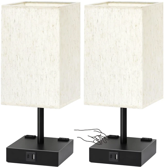 Main image of Bedside Table Lamps Set of 2 - Touch Nightstand Lamp for Bedroom with USB C+A Charging Ports & AC Outlets, 3-Way Dimmable Desk Lamp Flaxen Fabric Shade for Living Room Office(Bulb Included)