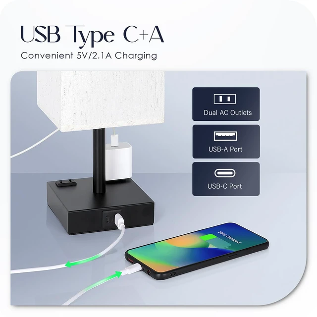 Alt view image 3 of 7 - Bedside Table Lamps Set of 2 - Touch Nightstand Lamp for Bedroom with USB C+A Charging Ports & AC Outlets, 3-Way Dimmable Desk Lamp Flaxen Fabric Shade for Living Room Office(Bulb Included)