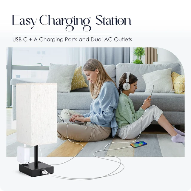 Alt view image 6 of 7 - Bedside Table Lamps Set of 2 - Touch Nightstand Lamp for Bedroom with USB C+A Charging Ports & AC Outlets, 3-Way Dimmable Desk Lamp Flaxen Fabric Shade for Living Room Office(Bulb Included)