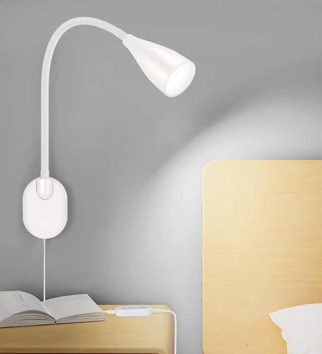 Alt view image 2 of 7 - Wall-Mounted LED Bedside Reading Light USB Charging Port 2Pcs White 10-Level Dimmable & Adjustable 5 Color, Plug-in Adhesive Night Lamp for Books in Bed, Eye-Caring Bedroom Lighting