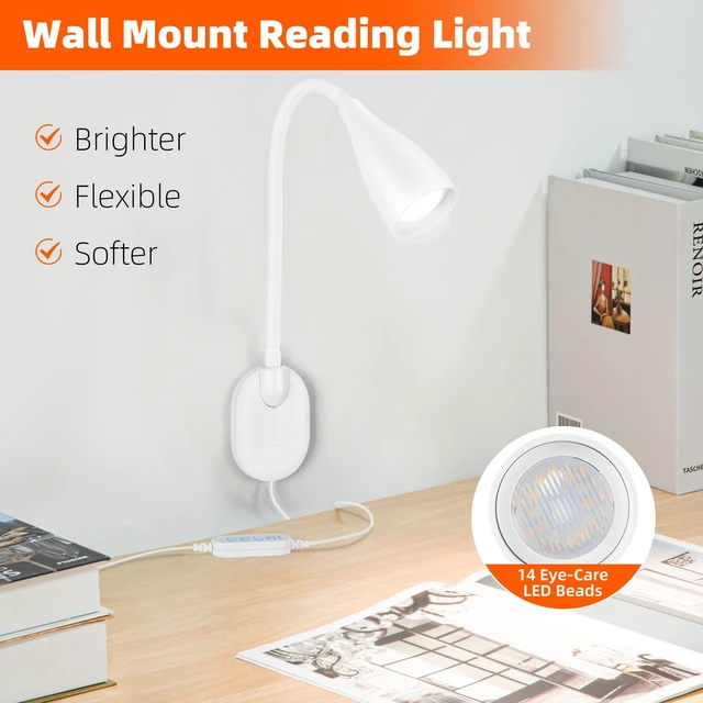 Alt view image 3 of 7 - Wall-Mounted LED Bedside Reading Light USB Charging Port 2Pcs White 10-Level Dimmable & Adjustable 5 Color, Plug-in Adhesive Night Lamp for Books in Bed, Eye-Caring Bedroom Lighting