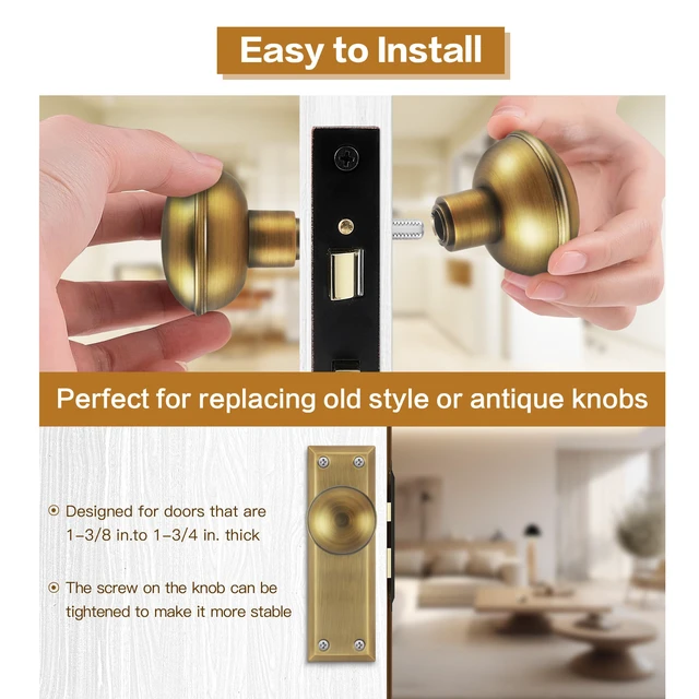 Alt view image 3 of 4 - Vintage Antique Brass Door Knob Set with Spindle,2 Pack Old Style Door Knobs Replacement Broken for Antique Mortise Lock, Older Home Interior Door