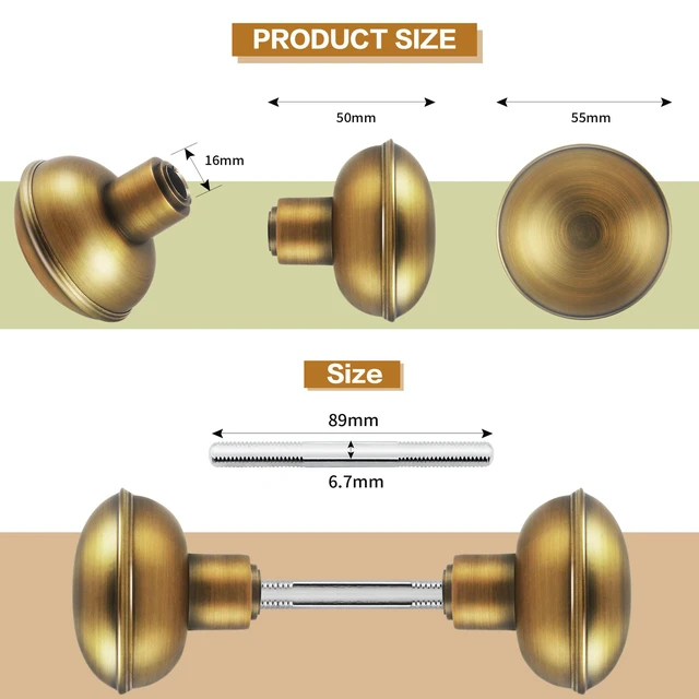 Alt view image 2 of 4 - Vintage Antique Brass Door Knob Set with Spindle,2 Pack Old Style Door Knobs Replacement Broken for Antique Mortise Lock, Older Home Interior Door