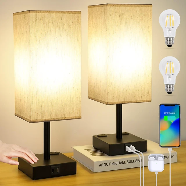 Alt view image 7 of 7 - Bedside Table Lamps Set of 2 - Touch Nightstand Lamp for Bedroom with USB C+A Charging Ports & AC Outlets, 3-Way Dimmable Desk Lamp Flaxen Fabric Shade for Living Room Office(Bulb Included)