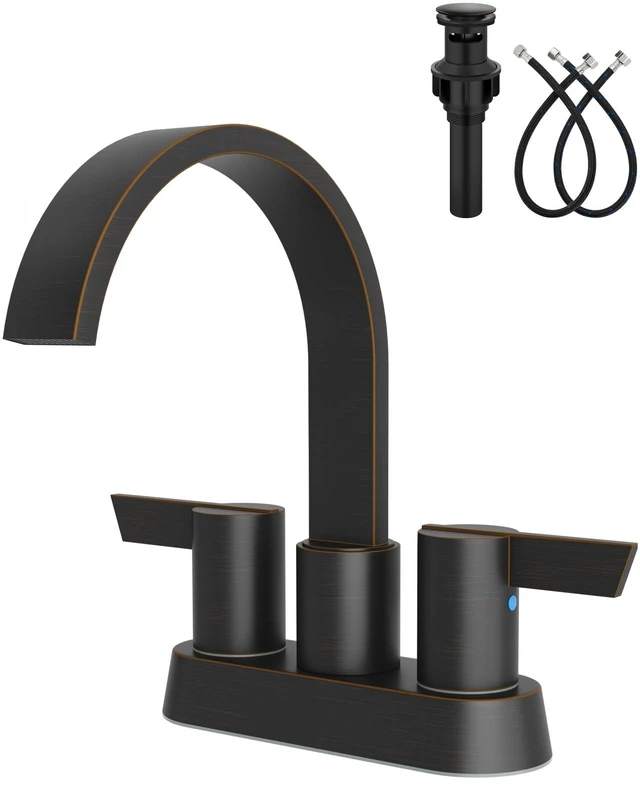 Main image of Bronze Bathroom Faucet,4 Inch Centerset 2-Handle Waterfall Includes Pop-Up Drain,24-Inch Supply Lines,Mounting Hardware,SUS304 Stainless Steel Construction,And A 360° Swivel Spout
