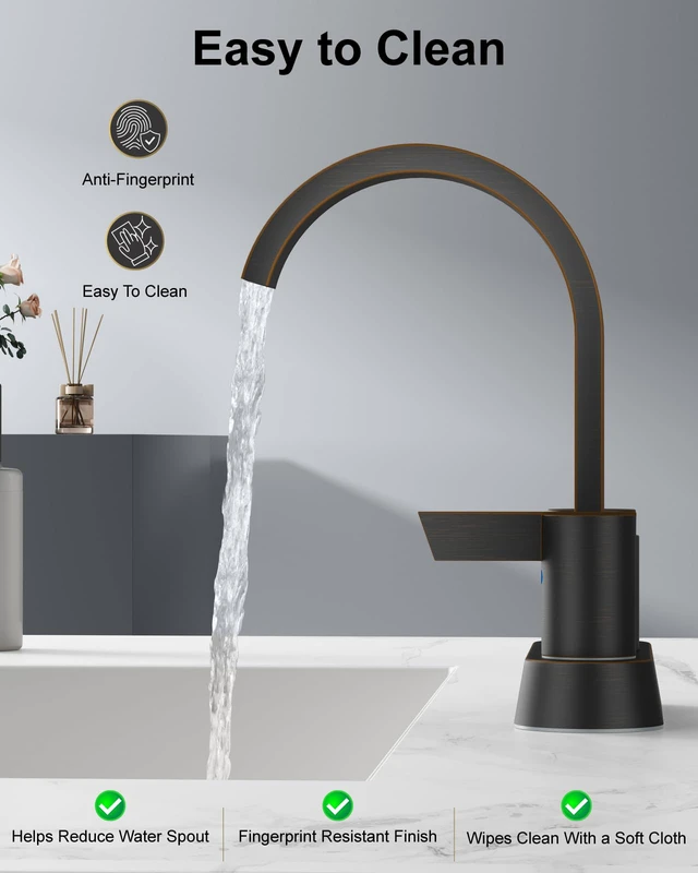 Alt view image 4 of 7 - Bronze Bathroom Faucet,4 Inch Centerset 2-Handle Waterfall Includes Pop-Up Drain,24-Inch Supply Lines,Mounting Hardware,SUS304 Stainless Steel Construction,And A 360° Swivel Spout