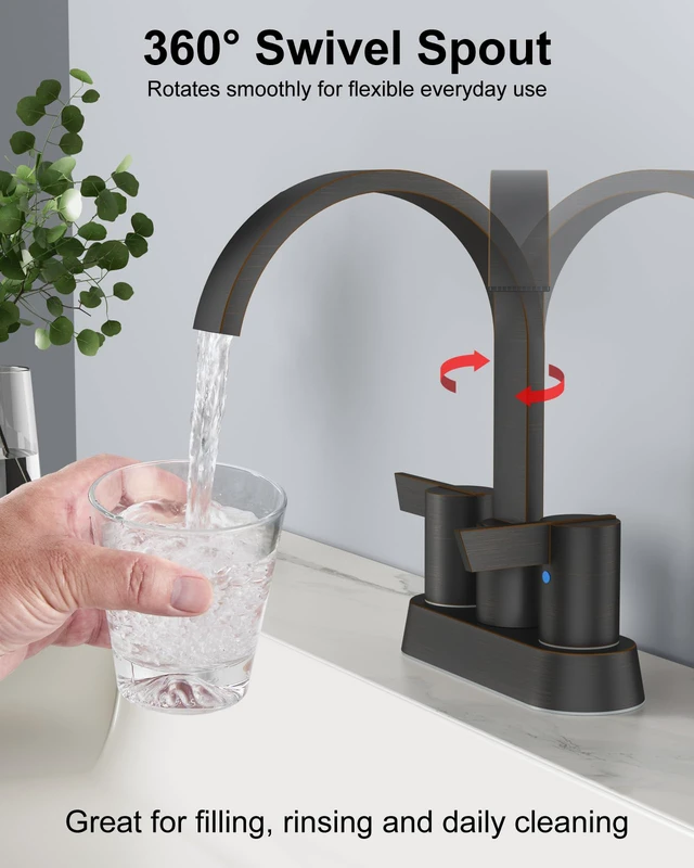 Alt view image 3 of 7 - Bronze Bathroom Faucet,4 Inch Centerset 2-Handle Waterfall Includes Pop-Up Drain,24-Inch Supply Lines,Mounting Hardware,SUS304 Stainless Steel Construction,And A 360° Swivel Spout