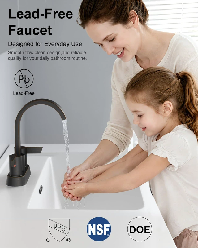 Alt view image 7 of 7 - Bronze Bathroom Faucet,4 Inch Centerset 2-Handle Waterfall Includes Pop-Up Drain,24-Inch Supply Lines,Mounting Hardware,SUS304 Stainless Steel Construction,And A 360° Swivel Spout