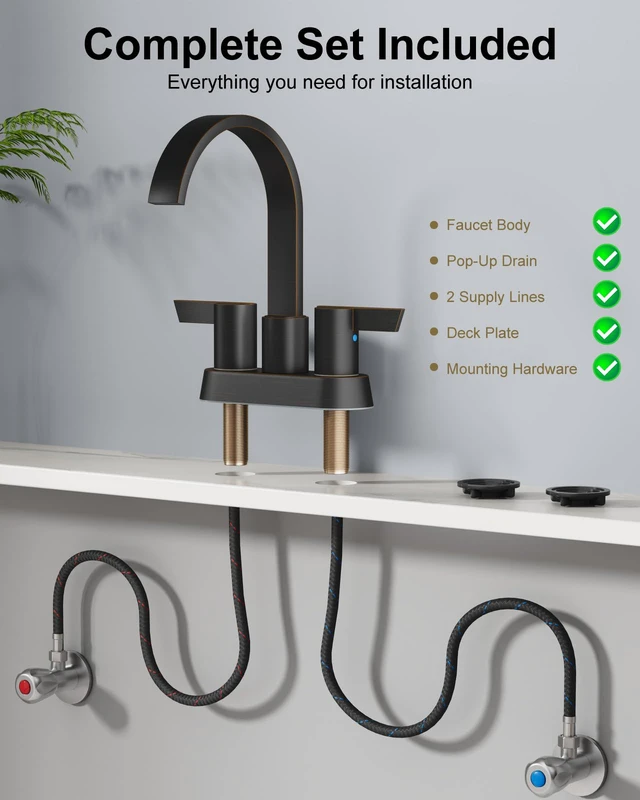 Alt view image 6 of 7 - Bronze Bathroom Faucet,4 Inch Centerset 2-Handle Waterfall Includes Pop-Up Drain,24-Inch Supply Lines,Mounting Hardware,SUS304 Stainless Steel Construction,And A 360° Swivel Spout