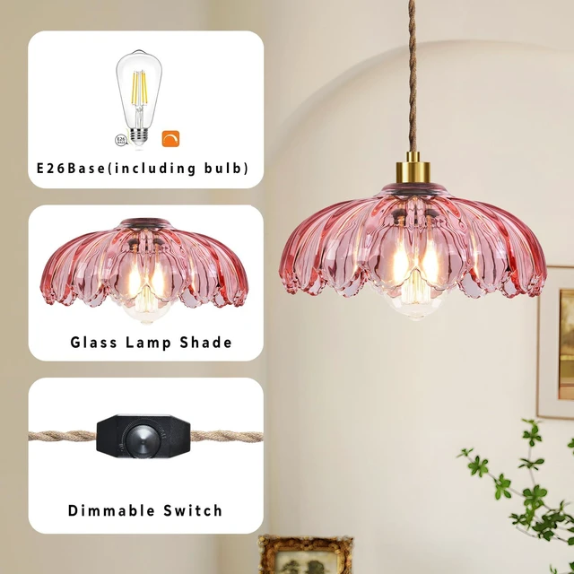 Alt view image 4 of 7 - Pink Plug in Pendant Light Glass Hanging Lights with Plug in Cord Boho Hanging Lamp Gold Mid Century Modern Vintage Dimmable Flower Plug in Chandelier Ceiling Fixture for Living Room,Bedroom