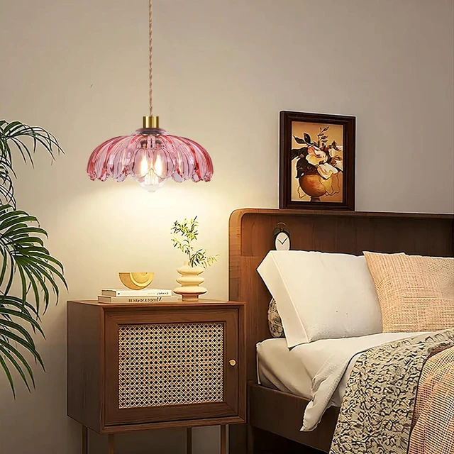 Alt view image 3 of 7 - Pink Plug in Pendant Light Glass Hanging Lights with Plug in Cord Boho Hanging Lamp Gold Mid Century Modern Vintage Dimmable Flower Plug in Chandelier Ceiling Fixture for Living Room,Bedroom