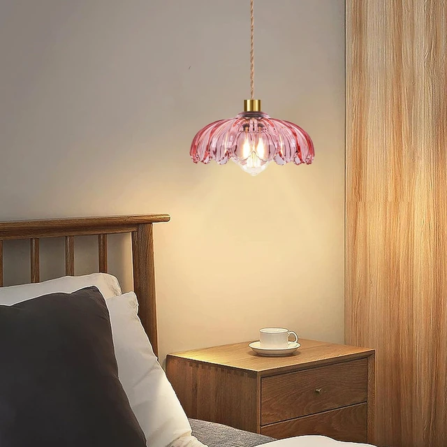 Alt view image 7 of 7 - Pink Plug in Pendant Light Glass Hanging Lights with Plug in Cord Boho Hanging Lamp Gold Mid Century Modern Vintage Dimmable Flower Plug in Chandelier Ceiling Fixture for Living Room,Bedroom