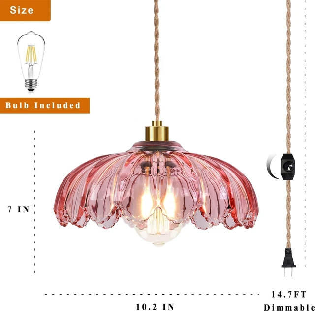 Alt view image 5 of 7 - Pink Plug in Pendant Light Glass Hanging Lights with Plug in Cord Boho Hanging Lamp Gold Mid Century Modern Vintage Dimmable Flower Plug in Chandelier Ceiling Fixture for Living Room,Bedroom