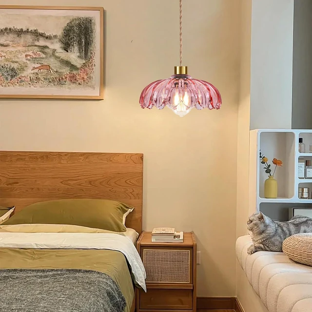 Alt view image 6 of 7 - Pink Plug in Pendant Light Glass Hanging Lights with Plug in Cord Boho Hanging Lamp Gold Mid Century Modern Vintage Dimmable Flower Plug in Chandelier Ceiling Fixture for Living Room,Bedroom