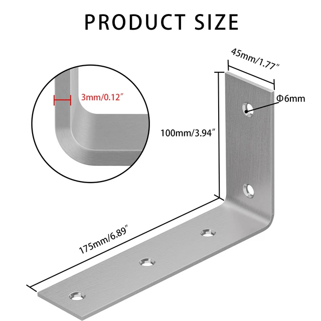 Alt view image 3 of 6 - 7 Inch Shelf Bracket, Heavy Duty L Bracket, Brushed Nickel, 4 Pack 3mm Thick Stainless Steel, 55 LB Load Capacity, 1.8 Inch Wide Support, Rust Resistant, Easy Installation